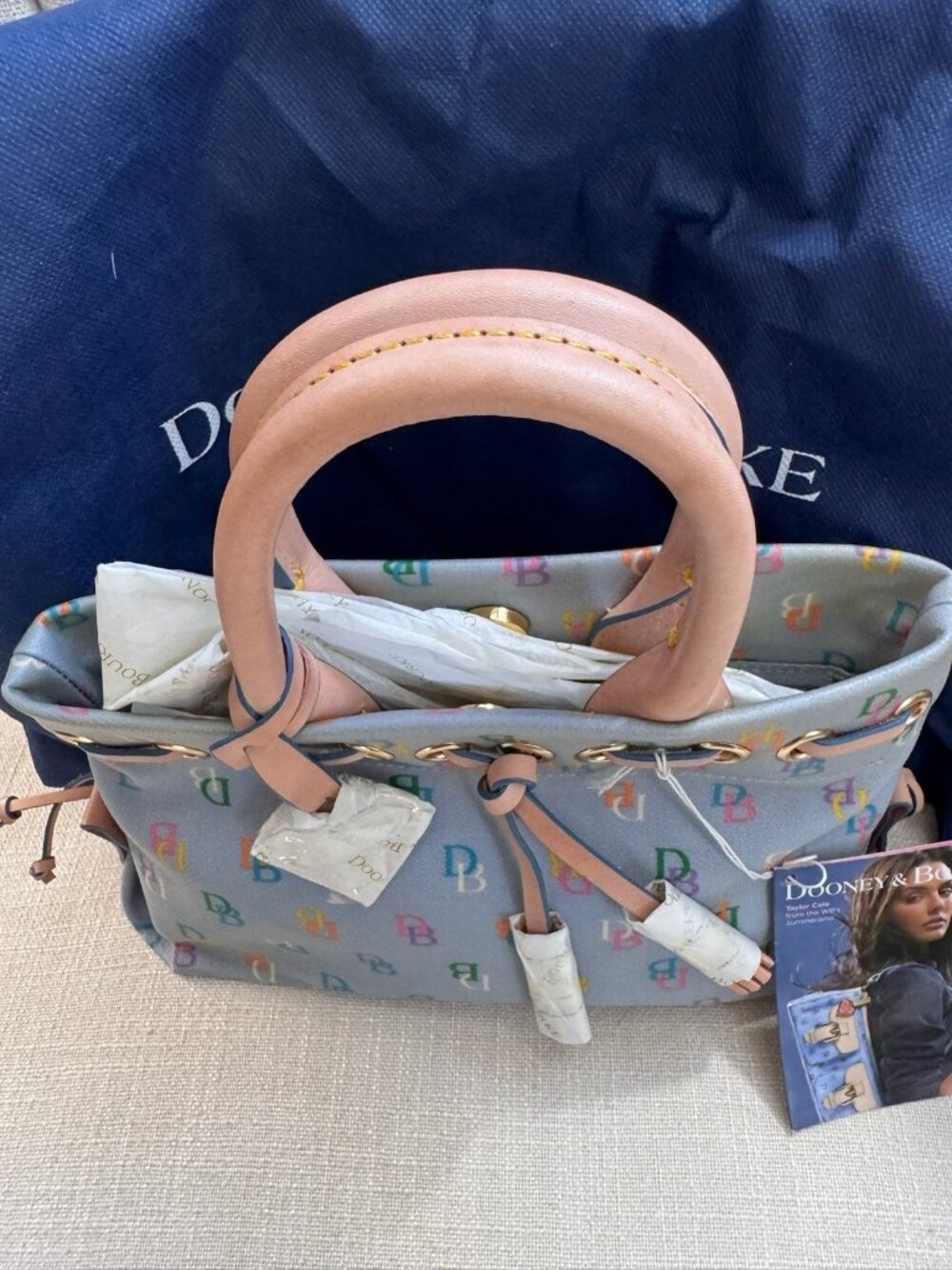 VTG NWT Dooney & Bourke Y2K Blue Rainbow Monogram Satchel Vachetta Leather Trim - Picture 3 of 16